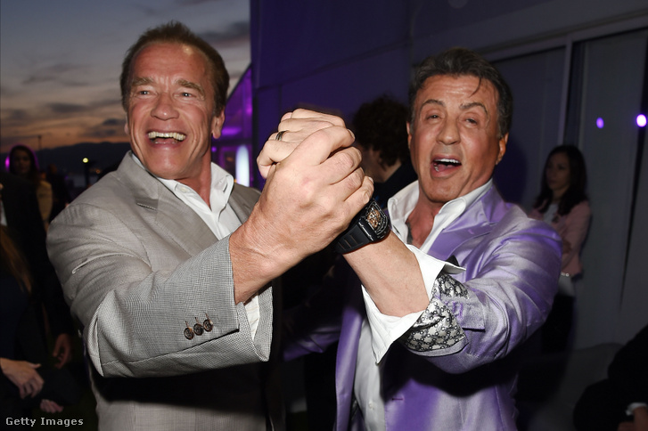 Sylvester Stallone és Arnold Schwarzenegger az Expendables 3 című film partiján Cannes-ban 2014. május 18-án