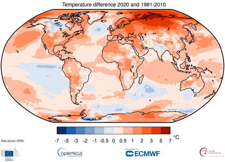 A térkép azt mutatja, mennyivel változott a földfelszín átlaghőmérséklete a Föld egyes részen 2020-ban (az 1981–2010 közötti referencia-időszak átlagához képest). Forrás: Copernicus Climate Change Service