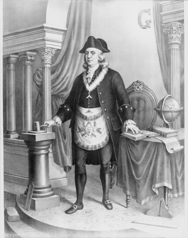 Benjamin Franklin egy szabadkőműves-páholy alapító szertartásán 1790 körül.