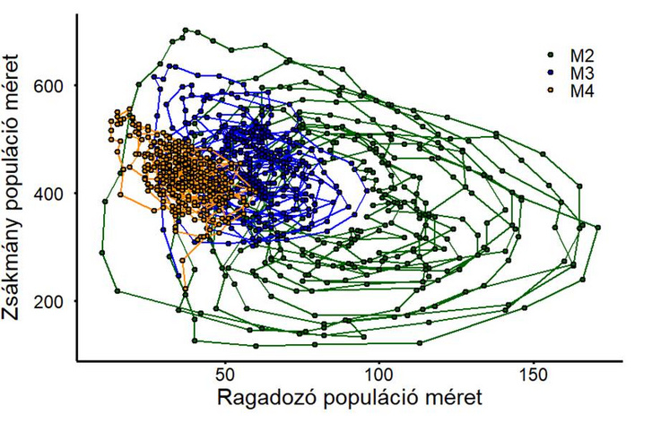 A vizsgált ragadozó–zsákmány dinamikák egy-egy példája. A zöld pontokkal jelzett populációméretek olyan idősorból (M2) származnak, ahol a zsákmány nem mutat semmilyen ragadozóelkerülési viselkedést; ebben a szcenárióban mindkét populációra a nagy amplitúdójú fluktuációk jellemzők. Amikor ragadozóelkerülő viselkedést mutatnak a zsákmányállatok (M3), a ciklikusság mindkét populációban (kékkel jelzett pontok) csökken, és a ragadozók átlagos populációmérete az előző szcenárióhoz képest alacsonyabb értéken stabilizálódik. Amennyiben a zsákmányállatok képesek fajtársaik ragadozóelkerülési viselkedésére hasonló viselkedésváltozással reagálni (azaz használni a fajtársak által jelzett szociális információt; M4), mind a zsákmány-, mind pedig a ragadozópopulációk mérete (narancssárga pontok) jelentősen alacsonyabb varianciát mutat a korábbi szcenáriókhoz képest, ciklikusságuk megszűnik, és a két populációméret egymástól való függése is kisebb lesz.