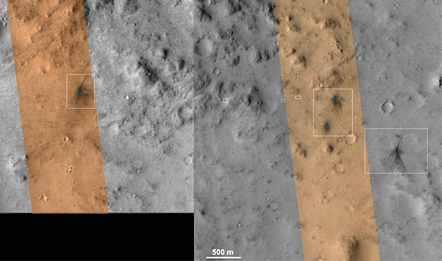 Az MRO űrszonda CTX és HiRISE nevű kameráinak felvételei, a becsapódott egységekről (fehér keretek).