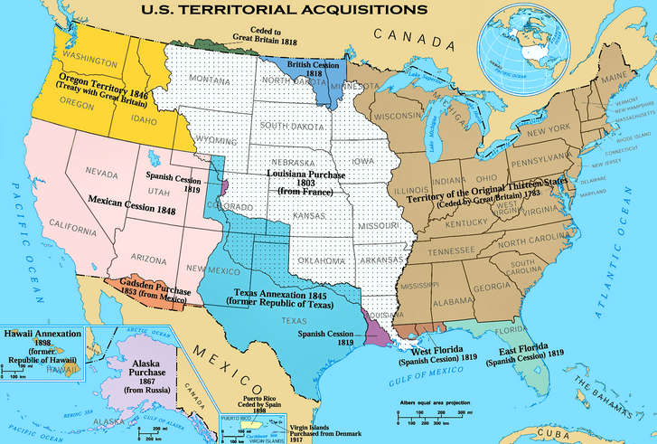Az USA területének növekedése. Barna a 13 gyarmat és a brit békeszerződés által kijelölt terület, fehér a Lousiana-ügylet területe, világoskék a Texasi Köztársaság, rózsaszín a Mexikótól elcsatolt terület, sárga pedig a Nagy-Britannia által 1846-ban lemondott terület