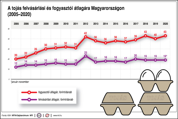 A tojás felvásárlási és fogyasztói átlagára Magyarországon (2005
