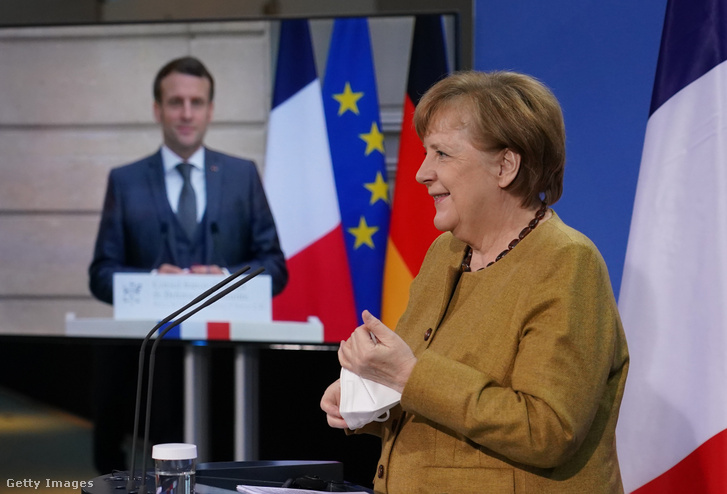 Angela Merkel és Emmanuel Macron közös sajtótájékoztatója 2021 február 5-én.