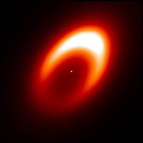 A HD 163296 csillag körüli porgyűrű vázlatos képe infravörös fényben. A jobb felső részen látható fényes rész az a feltételezett örvény, ahol egy új bolygó keletkezhet.