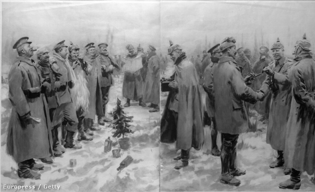 Német és brit katonák közösen karácsonyoznak 1914-ben.