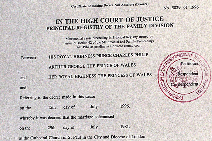 Károly herceg és Lady Diana hercegnő válási papírjuk 1996. augusztus 28-án