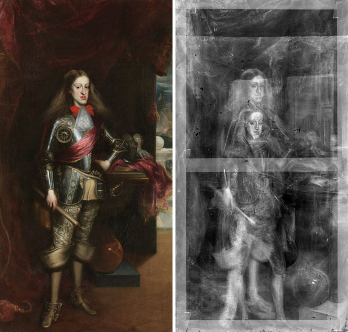 A II. Károly spanyol királyról készült festmény röntgenfelvételén jól látszik, hogy a művész ezt egy korábbi, az uralkodóról fiatalabb korában készült portréra festette rá.