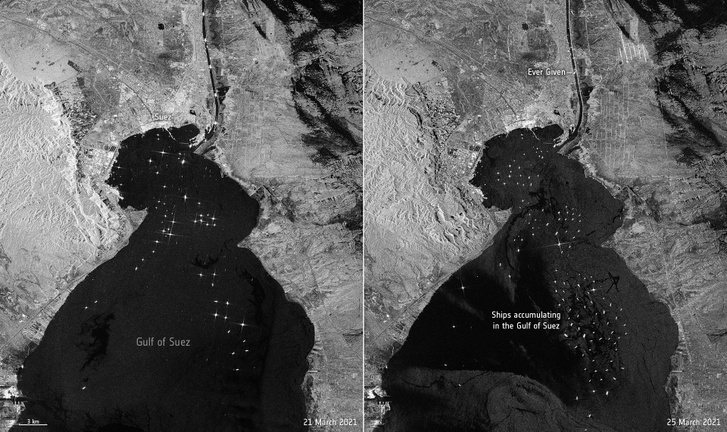 Bal oldalon: a múlt vasárnapi helyzet a libasorban áthaladó hajókkal, jobb oldalon: a baleset másnapja