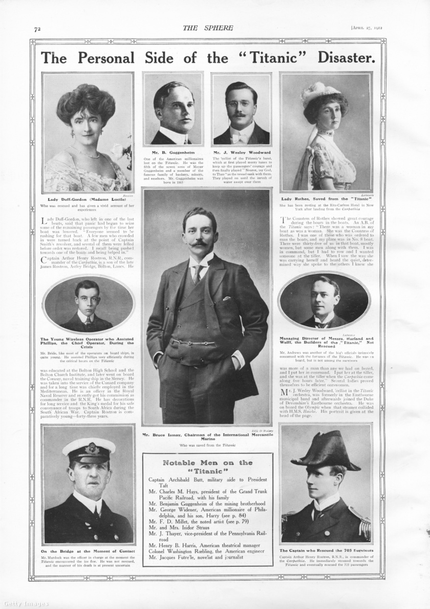 A Titanic-katasztrófa személyes oldalát bemutató cikk, a bal felső sarokban Lady Duff-Gordon, mint túlélő.
