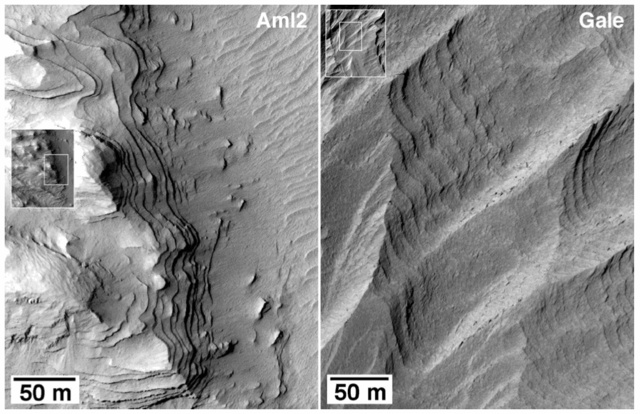 Két nagyfelbontású felvétel a Gale kráter központi üledékes hegyének rétegeiről