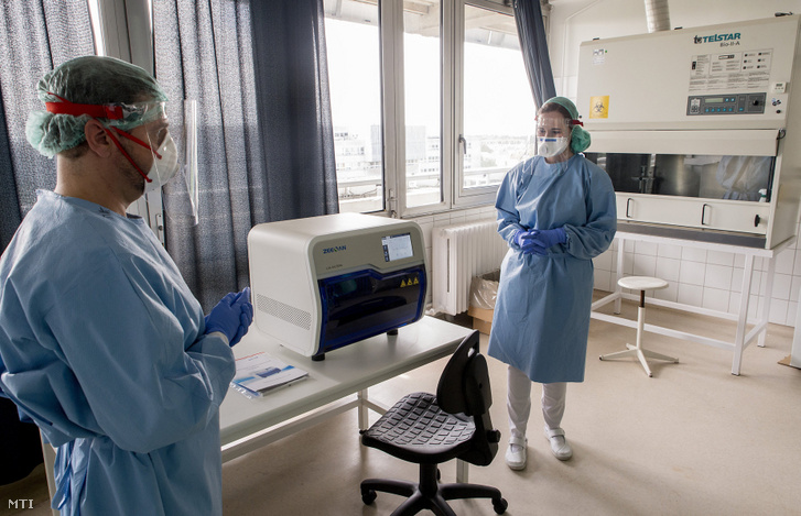 Biológusok a koronavírus kimutatására alkalmas molekuláris genetikai vizsgálóberendezés sajtóbemutatóján a Petz Aladár Megyei Oktató Kórház laboratóriumában 2020. május 5-én