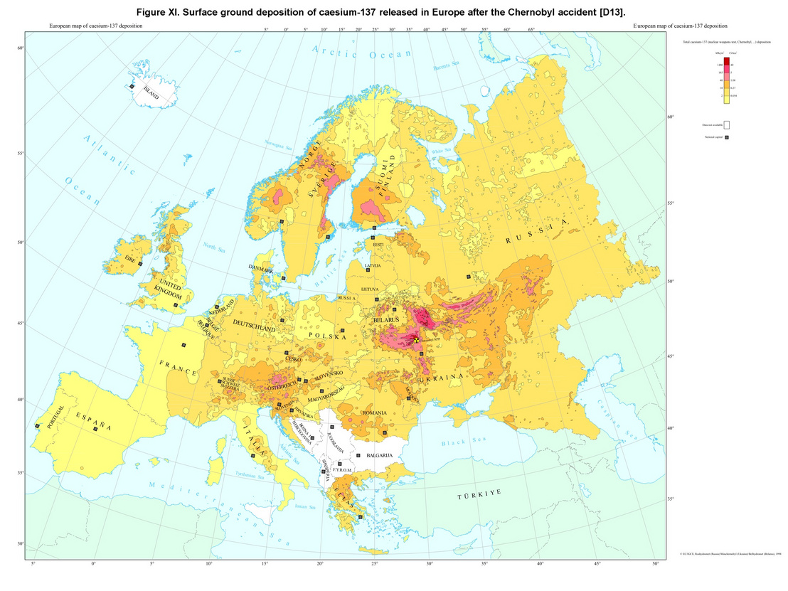 Csernobilból származó, légkörből kihullott Cesium-137 radioaktív izotóp Európában. Minél pirosabb, annál nagyobb a szennyezés.