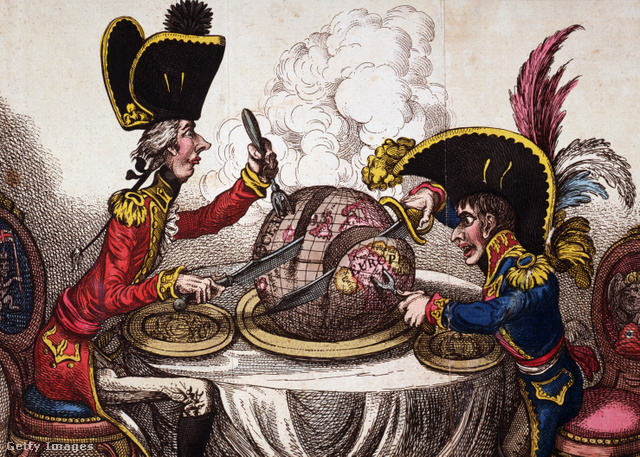 William Pitt brit miniszterelnök és a kicsi Napóleon felosztják egymás között a világot, az 1802-es amiens-i békére utalva (James Gillray karikatúrája).