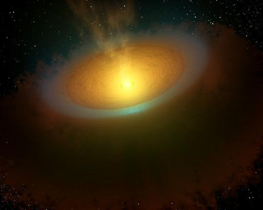 Fantáziarajz a TW Hydrae körüli protoplanetáris korongról. A kékes színnel jelzett gyűrű hideg vízgőzt tartalmaz, ami valószínűleg a korong jeges szemcséiből származik. A fiatal csillagok protoplanetáris korongjaiban ez az a zóna, ahol az üstökösök formálódnak.