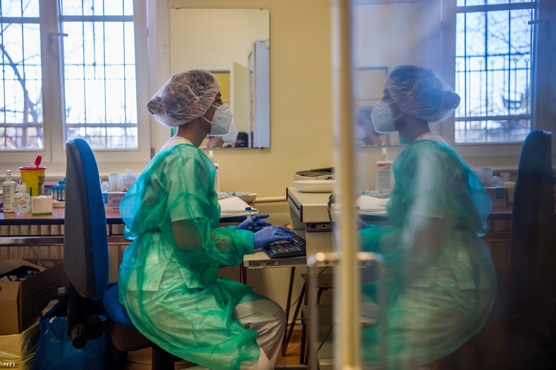 Adminisztrációs munkát végez egy ápoló az Országos Korányi Pulmonológiai Intézet tüdőbelgyógyászati osztályán 2021. február 18-án