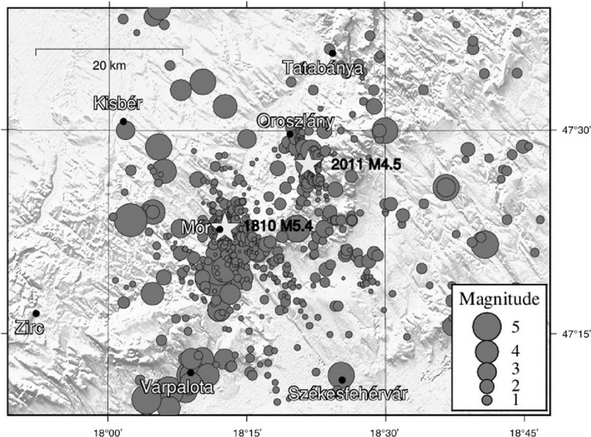 Az 1810-es móri földrengés és a 2011-es Oroszlányban zajlott mozgás összehasonlító ábrája.