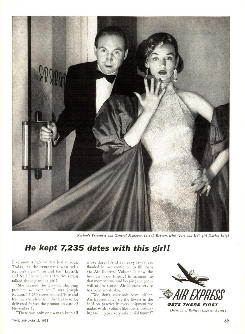 Dorian Leigh és Joseph Revson a Revlon híressé vált reklámjában.