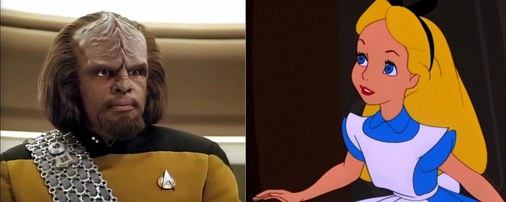 Balra Worf, a Csillagflotta klingon tisztje, jobbra Alice a Disney-féle feldolgozásban
