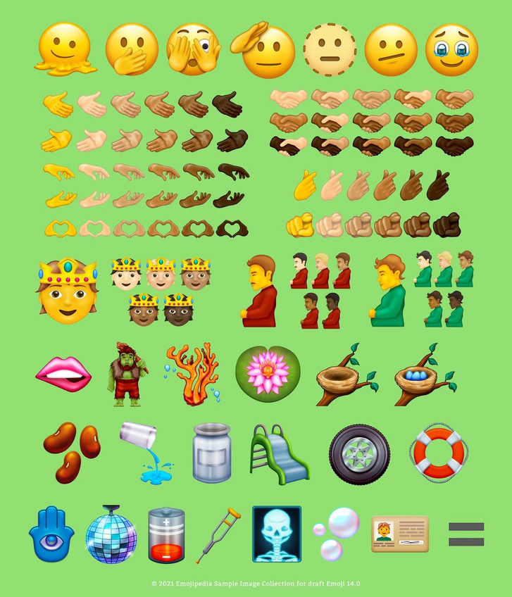 Ezek a döntős grafikák az Emoji 14.0 frissítés előtt. Valószínűleg mind bekerül 2021 végén, 2022 elején a karakterkészletbe