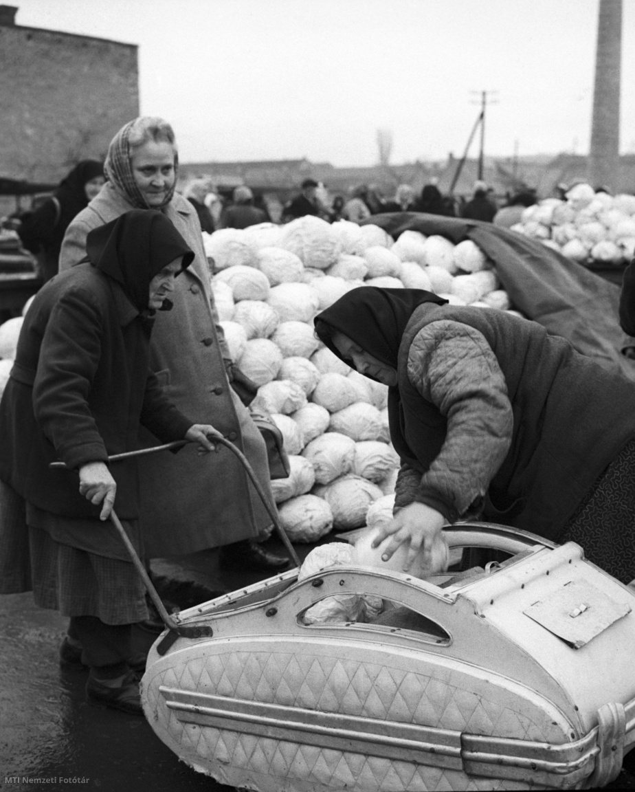 Babakocsiba pakolja a megvásárolt káposztát egy asszony az egri heti piacon 1960. december 9-én.