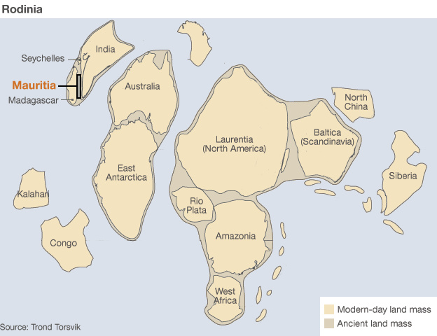 Így nézhetett ki a Föld 750 millió évvel ezelőtt, pirossal kiemelve a most talált kontinens, Mauritia feltételezett helye