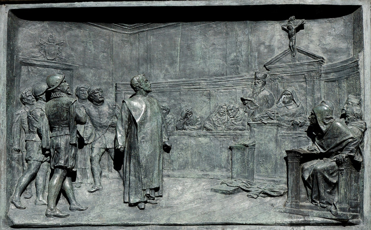 Giordano Bruno pere. Ettore Ferrari bronz domborműve, Campo de' Fiori, Róma