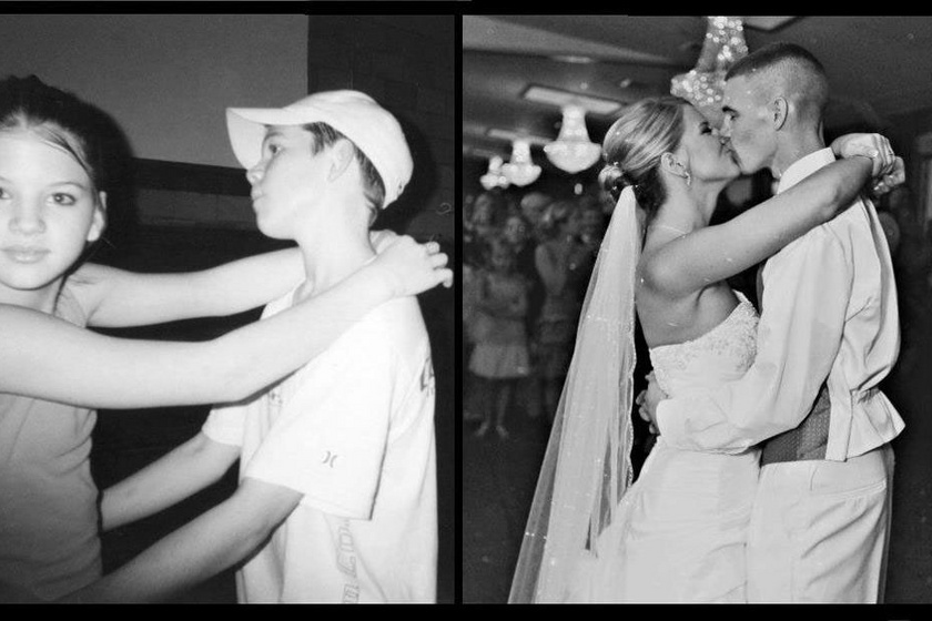 Az első fotó egy hatodik osztályos bulin készült. A másodikon ugyanaz a pár táncol - az esküvőjük napján.
