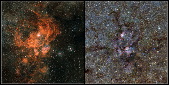 Az NGC 6357 látható tartományban, a DSS2 égboltfelmérés képén (balra), összehasonlítva a VISTA infravörös felvételével (ESO/VVV Survey/Digitized Sky Survey 2/D. Minniti).