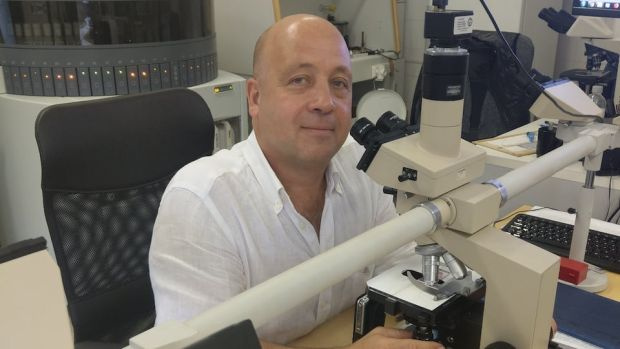 Dr. Járay Balázs a mikroszkóp mögött