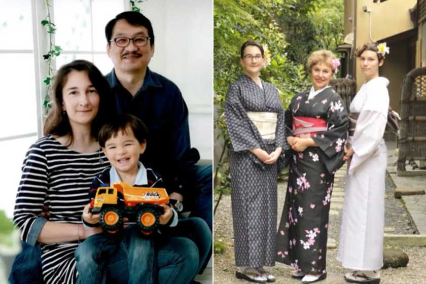 A bal oldali képen Bayer Ilona idősebbik lánya, Petra látható férjével és kisfiával, a jobb oldali kép pedig Japánban készült az egykori bemondóról és két lányáról.