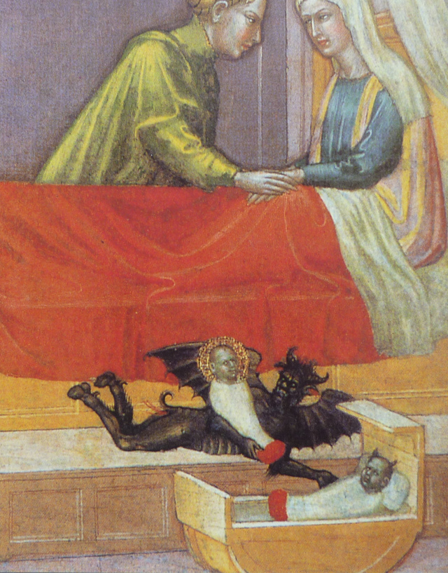 Az ördög kicseréli a kisdedet (Martino de Bartolomeo 14. századi itáliai festő munkája).