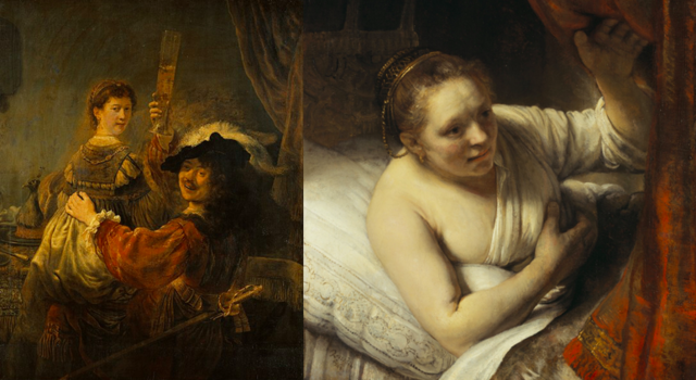 Balra: Saskia és Rembrandt a festő önarcképén, jobbra: Hendrickje Rembrandt festményén