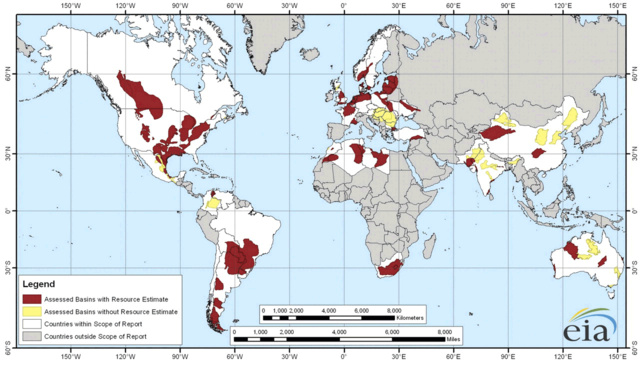 Palagáz lelőhelyek - a vörös területekre már készült becslés a fellelhető mennyiségre, a sárgák esetében csak a készlet ténye bizonyított. A fehérrel jelölt országokat vizsgálták, de egyelőre nincs adat palagázkészletekre, a szürkével jelölt országok nem is szerepeltek a felmérésben.