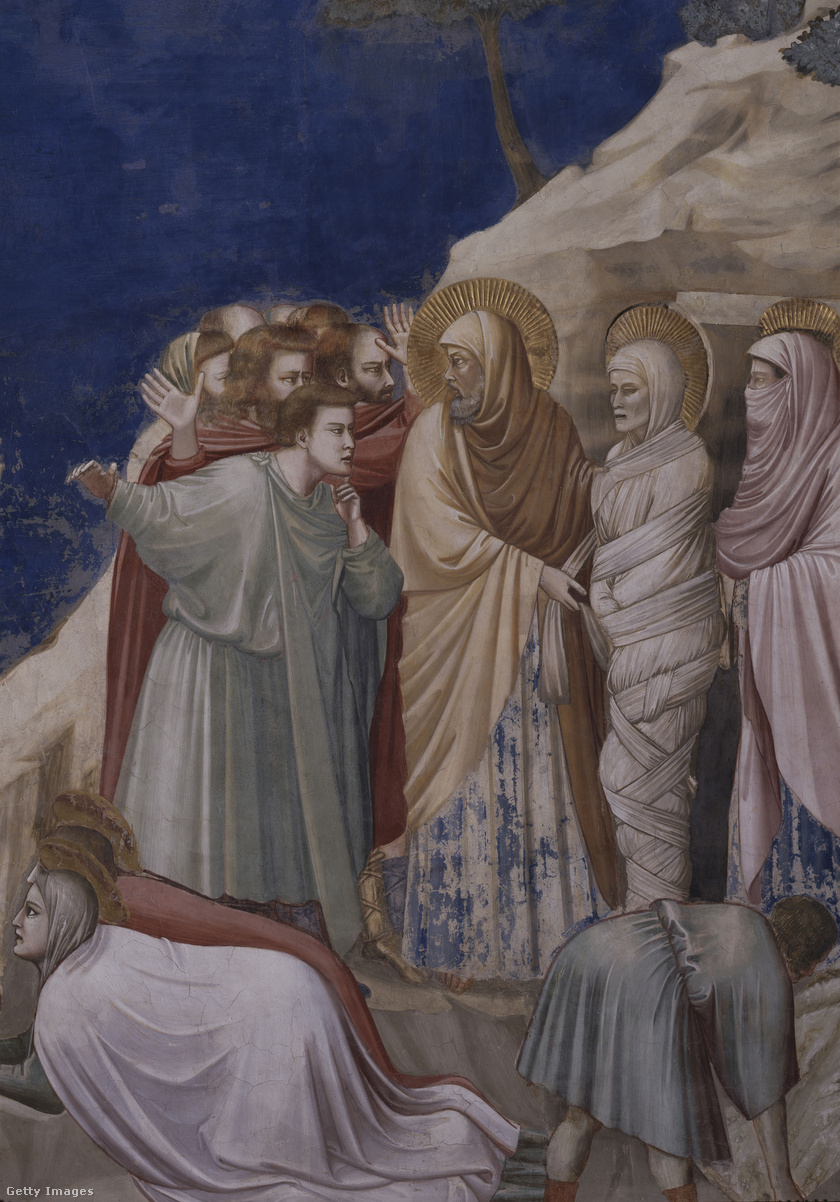 Giotto, Lázár feltámasztásának jelenete a Scrovegni-kápolna falán, 1304-1306 körül.