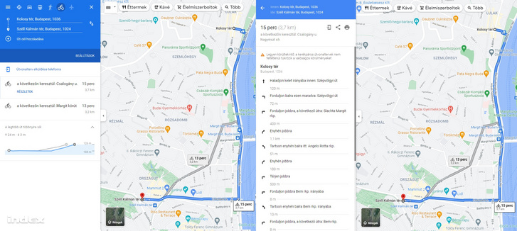 Így néz ki a Google Térkép kerékpárosútvonal-tervezője. Jobbra az útvonal részletes adatai