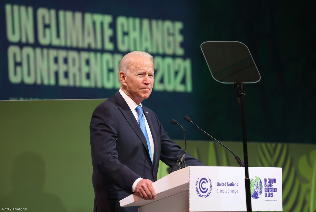 Joe Biden amerikai elnök beszédet tart a COP26 harmadik napján 2021. november 2-án