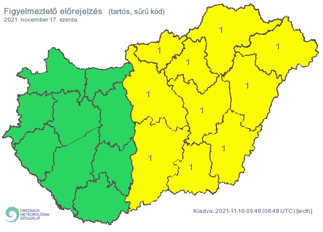 A sárgával jelölt területeken 1-es fokú riasztás lesz érvényben szerdán