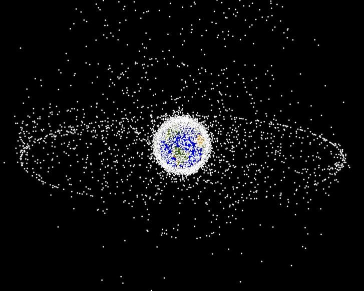 A NASA illusztrációja az alacsony Föld körüli és geostacionárius pályán keringő kozmikus hulladék eloszlásáról.
