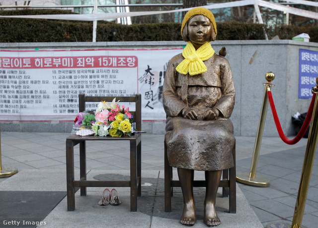 1. A koreai lány azoknak állt emléket, akiket a japánok szexrabszolgaként tartottak a világháborúban 2. Az üres szék a vissza nem tért nőket szimbolizálja, és aki ráül, elgondolkozhat, mi lett volna, ha vele történik mindez? 3. Az árnyék egy idős női alak, ami az áldozatok hosszú szenvedését mutatja 4. A széken ülő alak lába nem érinti a talajt, ez az áldozatok instabil társadalmi helyzetét hivatott érzékeltetni 5. Ökölbe szorított kéz jelzi, hogy már nem akarnak tovább hallgatni a megerőszakolt nők 6. A madárka a békét szimbolizálja 7. A dühös arc a múlt sérelmeiért elégtételt követelő nőket mutatja 8. Rövidre vágott haja szimbolizálja, hogyan vágták el az elhurcolt nők meglévő kapcsolatait