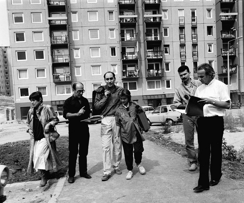 Csűrös Karola, Horváth Ádám, Kulka János és Ábel Anita a Szomszédok forgatásán 1987. szeptember 2-án