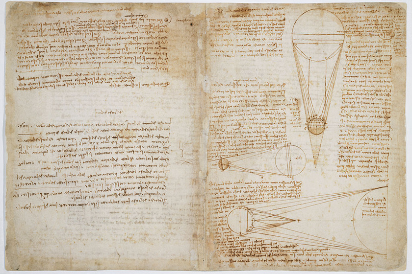 Ezeken az oldalakon Leonardo da Vinci a Hold fényességét vizsgálja a Nap fényéhez képest. Eszmefuttatását látványos és részletes ábrákkal kísérte.
