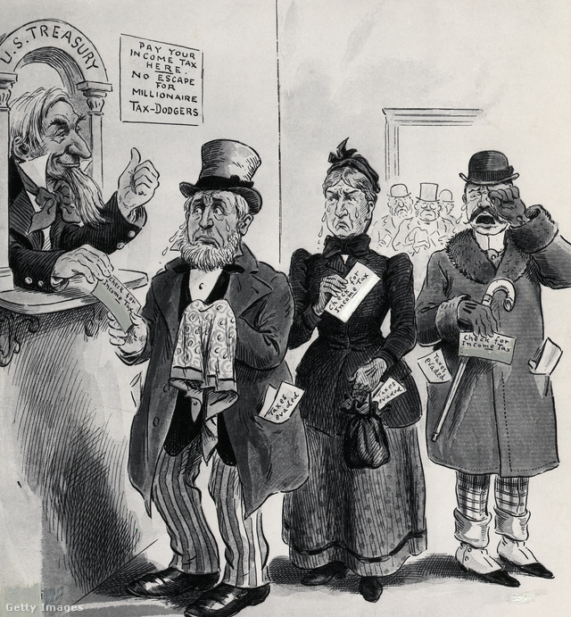A Wall Street-i boszorkány az adóhivatalban egy 1895-ös karikatúrán