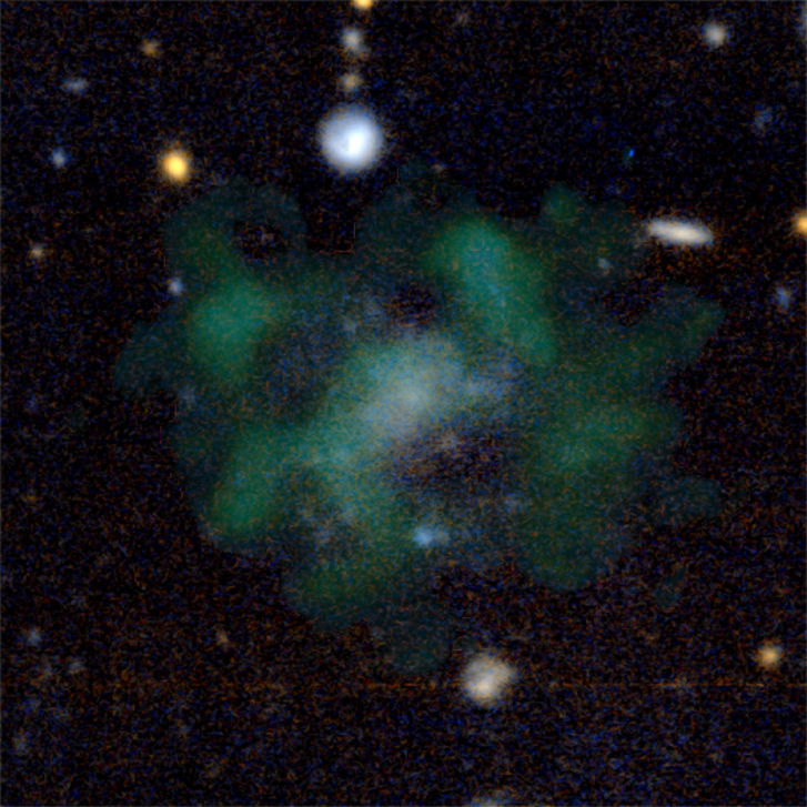 Képen az AGC 114905-galaxis. A zöld felhők a semleges hidrogéngázt mutatják. A megfigyelést negyven órán keresztül végezték, ezek után jutottak a kutatók arra a feltételezésre, hogy a galaxis nem tartalmaz sötét anyagot