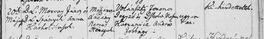 Morvay János és Spányik Anna házassági bejegyzése a héregi katolikus anyakönyvben 1845-ben.