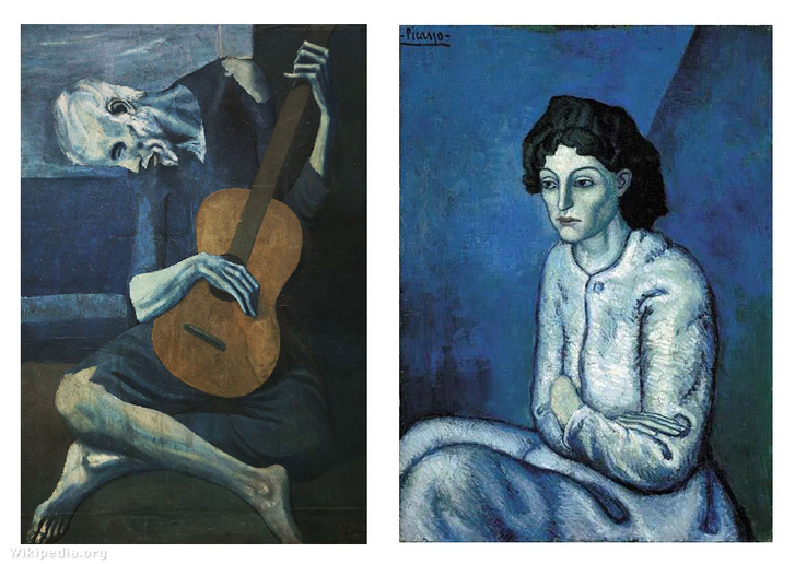 (Balra) Az öreg gitáros,1903-1904; (jobbra) Femme aux bras croisés (Nő keresztbe tett karokkal), 1902.