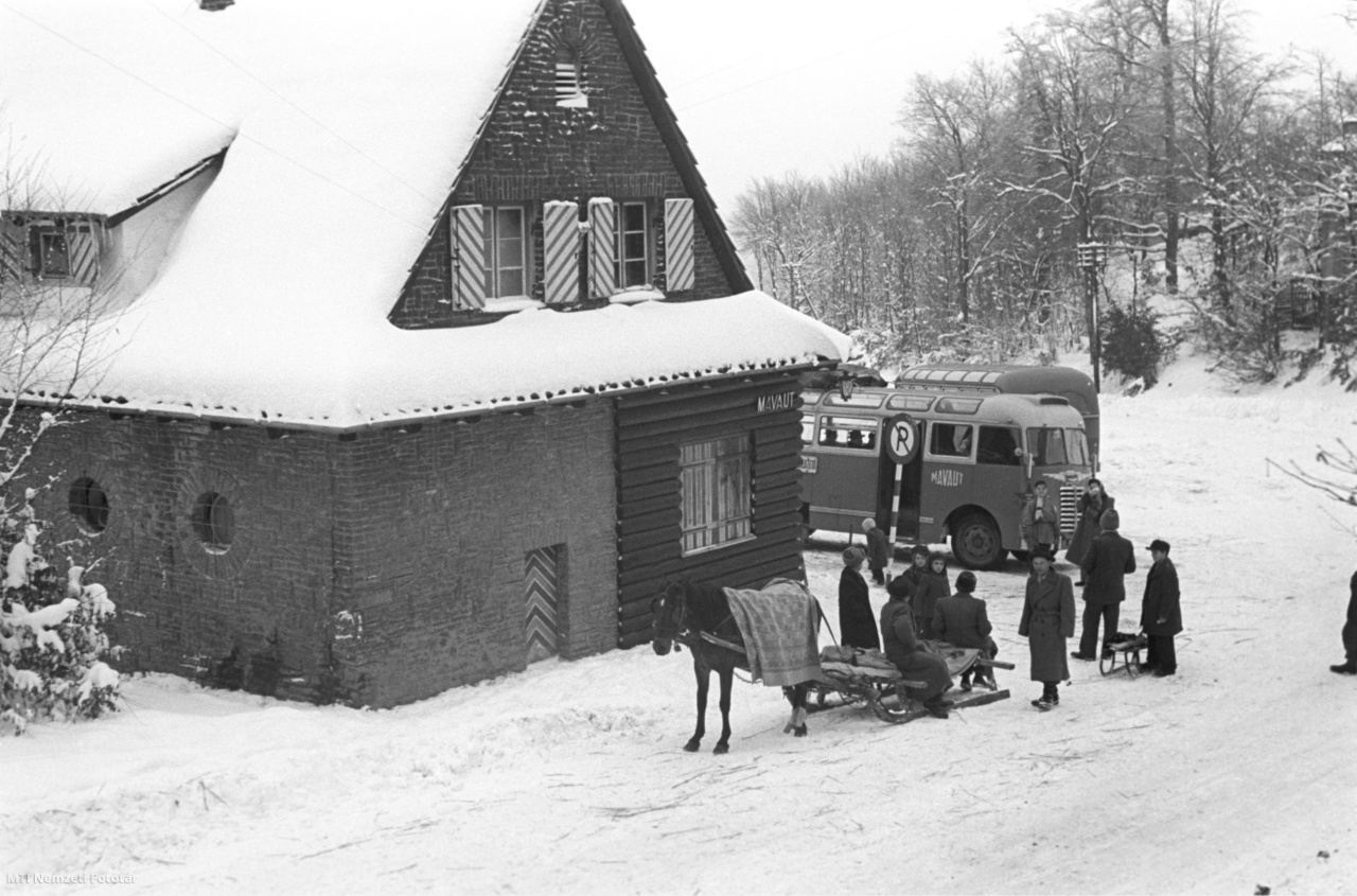 Mátraháza, 1952. január 27. Lovas szán várakozik a mátraházai Mávaut-megálló épülete előtt, a megállóban két autóbusz parkol