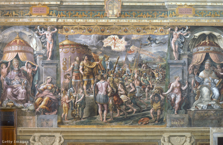 A legnagyobb Raffaello-terem (Sala di Costantino) a Vatikáni Palotában. Egyes művészettörténészek szerint Nagy Konstantin római császár életképei alatt lapul mind a 16 reneszánsz szex-pozitúra műalkotás.