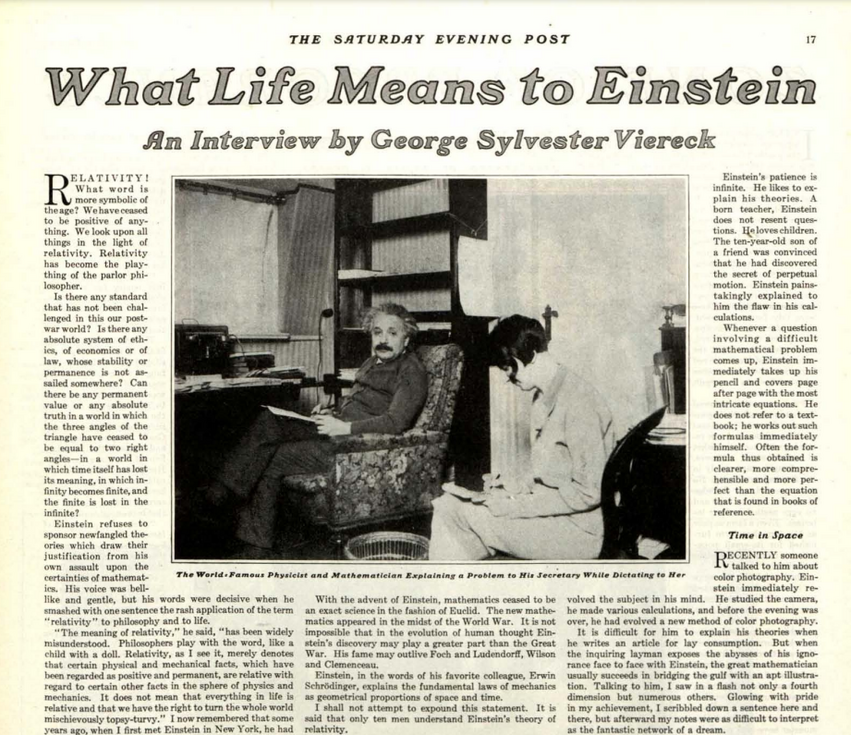 1929. október 26-án a The Saturday Evening Postban megjelent híres interjú Albert Einsteinnel.