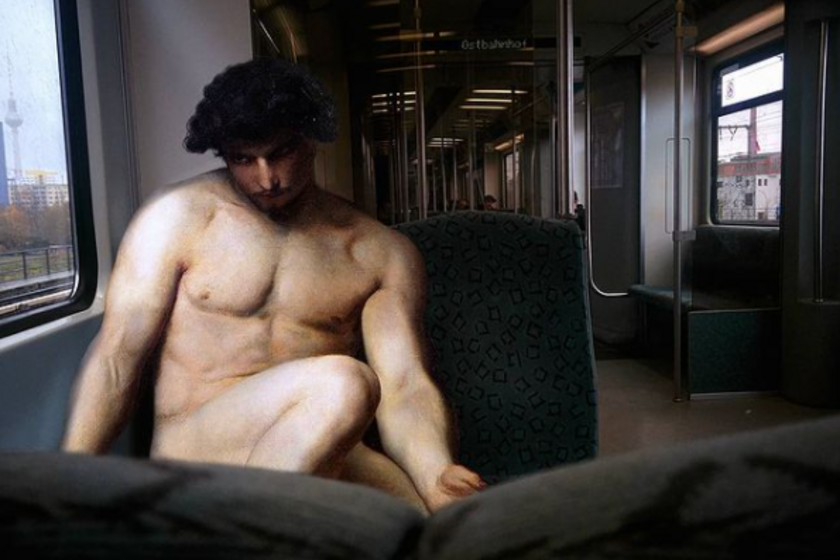 Ádám nem a Paradicsomban, hanem a tömegközlekedésen ébred, méghozzá teljesen meztelenül. A kép Alexandre Cabanel Ádám című festményét dolgozza fel.